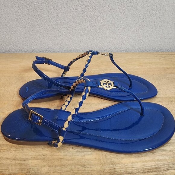 Tory Burch Sandals Womens Size 8 Blue Patent Leather Braided Thong Gold Logo - Picture 1 of 14